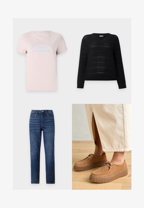 TOM TAILOR DENIM V NECK - Džemper - deep black; Hele roosa puuvillane T-särk lühikeste varrukatega, ümmarguse kaelusega ja sinise tekstiga, mis ütleb "MITTE MISKI EI OLE NII ILUS SUVEPÄEV."; Kõrgelt taljes sinised denim püksid sirge säärega, millel on õrn kulumus, ühe nupuga sulgur ja viie tasku disain.; Kohvitan värvi nahast kingad, millel on tekstureeritud pind, ümar varvas ja paksud, soonilised tallad. Kinnised ja õmbluste detailid täiustavad disaini.