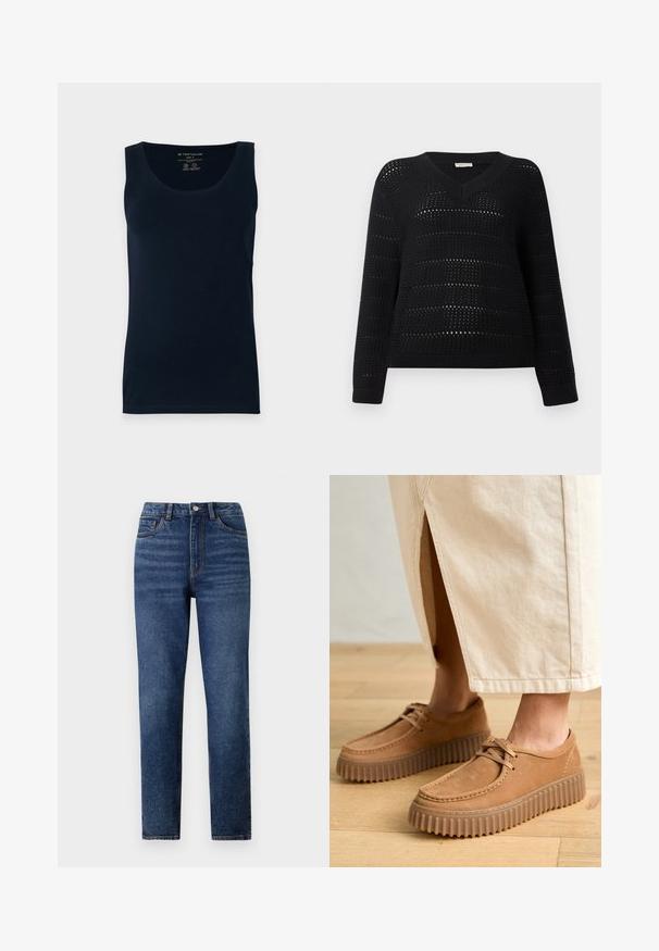 TOM TAILOR DENIM V NECK - Pulover - deep black; Tricou din bumbac bleumarin, fără mâneci, cu decolteu rotund și tiv drept. Textură netedă și stil minimal. Mărimea este etichetată.; Blugi din denim albastru cu talie înaltă, cu picior drept, având detalii fine de decolorare, închidere cu un singur nasture și design cu cinci buzunare.; Pantofi de culoare caramel din piele cu o suprafață texturată, vârf rotund și tălpi groase, cu striații. Sireturile și detaliile de cusătură completează designul.
