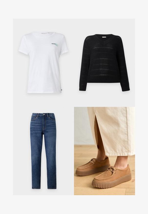 TOM TAILOR DENIM V NECK - Svetr - deep black; Bílý bavlněný tričko s krátkými rukávy, na levé části hrudi s vyšitým nápisem "SUMMER CLUB" v tyrkysové a zelené barvě. Klasický kulatý výstřih.; Vysoké modré džíny s rovnými nohavicemi, s jemným ošoupáním, zapínáním na jeden knoflík a designem s pěti kapsami.; Tyrkysové kožené boty s texturovaným povrchem, kulatou špičkou a silnými, drsnými podrážkami. Šňůrky a detaily šití umocňují design.