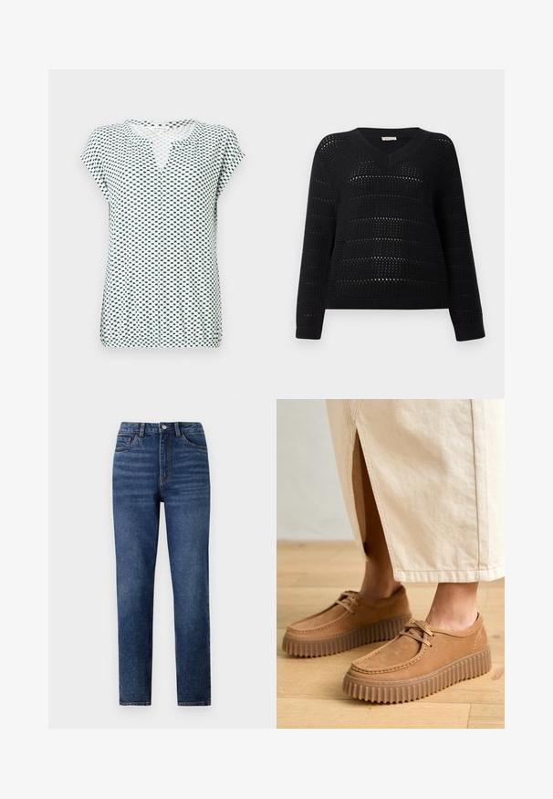 TOM TAILOR DENIM V NECK - Striktrøje - deep black; Kortærmet top i hvid med et geometrisk navy mønster, med V-hals og afslappet pasform. Fremstillet af let, tekstureret stof.; Højtaljede blå denimjeans med lige ben, der har subtil slidmærkning, enkelt knaplukning og fem-lomme design.; Brune lædersko med en tekstureret overflade, rund tå og tykke, ribbede såler. Snøre og syningsdetaljer forbedrer designet.