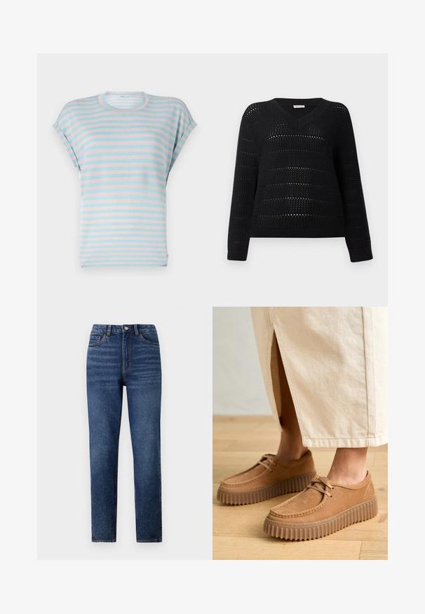 TOM TAILOR DENIM V NECK - Džemper - deep black; Ribaga lühikeste varrukatega t-särk helesinises ja pastellroosas värvitoonis, millel on mugav lõige ja pehme kangas, ümar kaelus ja mansettidega varrukad.; Kõrgelt taljes sinised denim püksid sirge säärega, millel on õrn kulumus, ühe nupuga sulgur ja viie tasku disain.; Kohvitan värvi nahast kingad, millel on tekstureeritud pind, ümar varvas ja paksud, soonilised tallad. Kinnised ja õmbluste detailid täiustavad disaini.