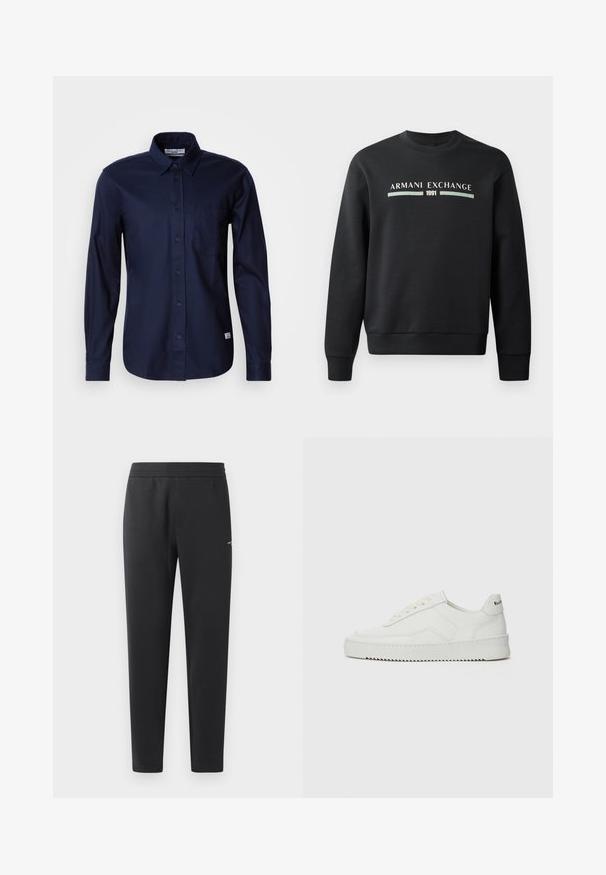 Svart hettegenser laget av mykt stoff. Har rund hals og lange ermer. Framsiden viser "ARMANI EXCHANGE" og "1991" i kontrastfarger.; Mørkeblå langermet skjorte med knapper laget av glatt bomull, med klassisk krage, enkelt brystlomme og knapp-fram lukking.; Sorte joggebukser laget av myk stoff, med elastisk midjebånd, rette ben og en liten logo detalj på siden.; Hvite lærersneakers med en jevn overflate, rund tå, flate lisser og en teksturert såle. Har en subtil logo på hælen.