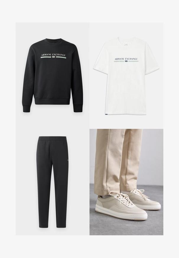 Black sweatshirt made from soft fabric. Features a crew neckline and long sleeves. The front displays "ARMANI EXCHANGE" and "1991" in contrasting colors.; White cotton t-shirt with short sleeves, featuring a blue and green "ARMANI EXCHANGE" logo and "1991" centered below.; Black jogger pants made of soft fabric, featuring an elastic waistband, straight legs, and a single small logo detail on the side.; Beige sneakers with a textured upper, white soles, and stitched accents, paired with beige trousers, displayed on a gray surface.