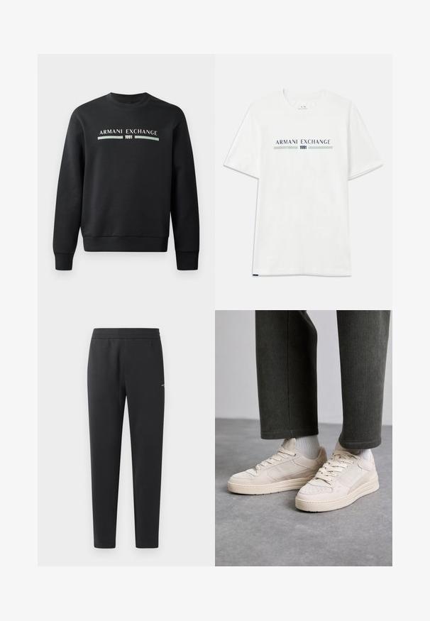 Mustakas sweatshirts, mis on valmistatud pehmest kangast. Omab ümmargust kaelust ja pikki varrukaid. Ees on kujutatud "ARMANI EXCHANGE" ja "1991" kontrastsetes värvides.; Valge puuvillane T-särk lühikeste varrukatega, millel on sinine ja roheline "ARMANI EXCHANGE" logo ning all keskpunktis "1991".; Mustad jogger pants pehmest kangast, millel on elastne vöökoht, sirged sääred ja üks väike logodetail küljel.; Beige suudpüksid, mis on valmistatud nahast ja võrgust, funktsionaalsed perforatsiooni aktsendid, lame sisetald ja paks tald. Kanti koos roheliste puuvillapükstega.