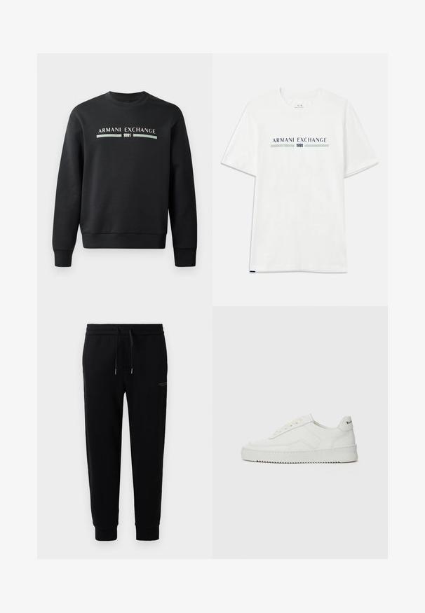 Black sweatshirt made from soft fabric. Features a crew neckline and long sleeves. The front displays "ARMANI EXCHANGE" and "1991" in contrasting colors.; White cotton t-shirt with short sleeves, featuring a blue and green "ARMANI EXCHANGE" logo and "1991" centered below.; Black jogger pants made of cotton blend, featuring an elastic waistband with drawstring, cuffed ankles, and a subtle logo print on the side.; White leather sneaker with a smooth finish, round toe, flat laces, and a textured sole. Features a subtle logo on the heel.