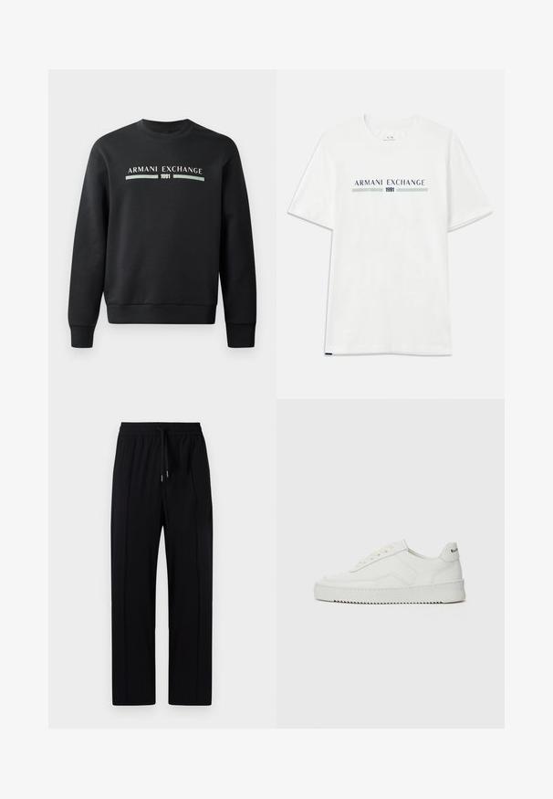 Sweatshirt preto feito de tecido suave. Possui um decote redondo e mangas longas. A parte da frente exibe "ARMANI EXCHANGE" e "1991" em cores contrastantes.; T-shirt de algodão branco com mangas curtas, apresentando um logo azul e verde "ARMANI EXCHANGE" e "1991" centralizado abaixo.; Calças leves e pretas, com cintura elástica e cordão, apresentando duas pregas frontais e um design de pernas retas. Textura suave.; Sapatilha de couro branco com acabamento suave, bico redondo, atacadores planos e uma sola texturizada. Apresenta um logotipo discreto no calcanhar.