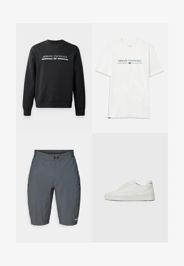 Mustapaita, joka on valmistettu pehmeästä kankaasta. Tässä on pyöreä kaula-aukko ja pitkät hihat. Edessä on tekstit "ARMANI EXCHANGE" ja "1991" kontrastiväreillä.; Valkoinen puuvillapaita lyhyillä hihoilla, jossa on sininen ja vihreä "ARMANI EXCHANGE" -logo ja "1991" keskellä alla.; Harmaat pyöräilyshortsit, joissa on sileä pinta, leveä vyötärö, kaksi nappia ja sivutaskut. "LE COL" -logo valkoisena helmassa.; Valkoinen nahkakenkä, jossa on sileä pinta, pyöreä kärki, tasaiset nauhat ja teksturoitu pohja. Sisältää huomaamattoman logon kantapäässä.