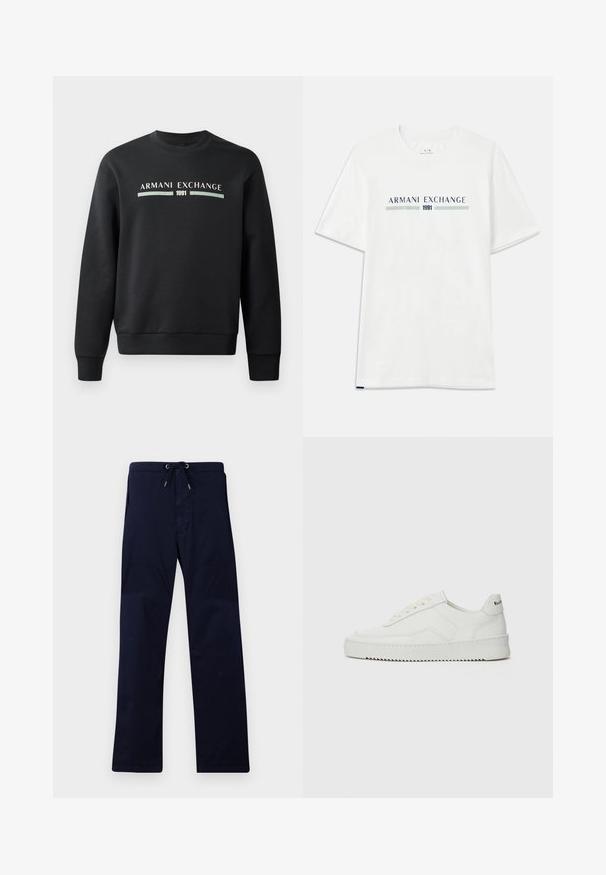 Black sweatshirt made from soft fabric. Features a crew neckline and long sleeves. The front displays "ARMANI EXCHANGE" and "1991" in contrasting colors.; White cotton t-shirt with short sleeves, featuring a blue and green "ARMANI EXCHANGE" logo and "1991" centered below.; Navy blue pants with a drawstring waistband, straight leg design, and a smooth texture. Features side pockets and reinforced stitching.; White leather sneaker with a smooth finish, round toe, flat laces, and a textured sole. Features a subtle logo on the heel.