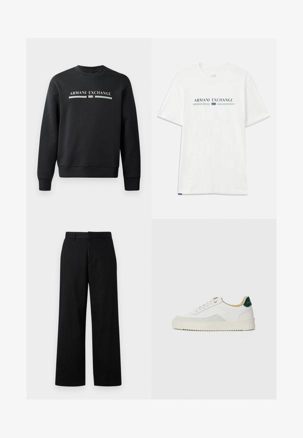 Black sweatshirt made from soft fabric. Features a crew neckline and long sleeves. The front displays "ARMANI EXCHANGE" and "1991" in contrasting colors.; White cotton t-shirt with short sleeves, featuring a blue and green "ARMANI EXCHANGE" logo and "1991" centered below.; Black, wide-leg pants made of a smooth fabric. Features a flat front with belt loops and a straight cut, minimal detailing.; White sneaker with suede accents, rounded toe, flat laces, and a cream rubber sole. Features green branding on the heel.