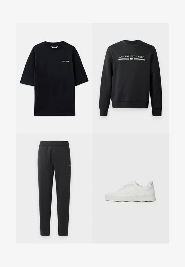 Černá mikina vyrobená z měkké látky. Má klasický kulatý výstřih a dlouhé rukávy. Na přední straně je nápis "ARMANI EXCHANGE" a "1991" v kontrastních barvách.; Černé bavlněné tričko s krátkými rukávy, kulatým výstřihem a malým bílým logem "HOLZWEILER" na přední straně, s volným střihem.; Černé joggingové kalhoty vyrobené z měkké tkaniny, s elastickým pasem, rovnými nohavicemi a malým logem na boku.; Bílé kožené tenisky s hladkým povrchem, kulatou špičkou, plochými tkaničkami a texturovanou podrážkou. Na patě se nachází nenápadné logo.