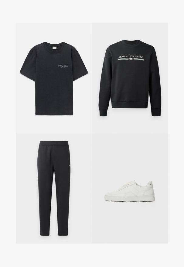 Melna sporta krekla izgatavots no mīksta auduma. Tam ir apaļš kakls un garas piedurknes. Priekšpusē ir rakstīts "ARMANI EXCHANGE" un "1991" kontrastējošās krāsās.; Melna īsās piedurknes T-kreklā ar mazu balto "Filling Pieces" tekstu logotipu uz kreisā krūšu.; Melni sporta bikses, kas izgatavotas no mīkstas auduma, ar elastīgu jostasvietu, taisnām kājām un nelielu logotipa detaļu sānos.; Baltas ādas sneakers ar gludu virsmu, apaļu pirkstu daļu, plakaniem šņorēm un teksturētu zoli. Satur diskrētu logotipu uz papēža.