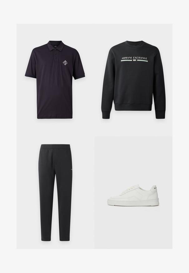 Černá mikina vyrobená z měkké látky. Má klasický kulatý výstřih a dlouhé rukávy. Na přední straně je nápis "ARMANI EXCHANGE" a "1991" v kontrastních barvách.; Tmavě námořnická polo tričko vyrobené z bavlny, s límečkem, tříknoflíkovou légou a krátkými rukávy. Na hrudi se nachází bílé vyšívané logo.; Černé joggingové kalhoty vyrobené z měkké tkaniny, s elastickým pasem, rovnými nohavicemi a malým logem na boku.; Bílé kožené tenisky s hladkým povrchem, kulatou špičkou, plochými tkaničkami a texturovanou podrážkou. Na patě se nachází nenápadné logo.