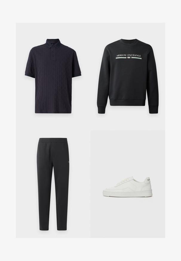 Črna trenirka iz mehkega materiala. Ima okroglo izrezano vratno odprtino in dolge rokave. Na sprednji strani je prikazano "ARMANI EXCHANGE" in "1991" v kontrastnih barvah.; Temno modra polo majica s kratkimi rokavi z teksturirano zasnovo, z gumbno zaponko in kontrastnim ovratnikom. Mehka tkanina, sproščen kroj.; Črne trenirka hlače iz mehkega blaga, z elastičnim pasom, ravnimi nogami in z enim majhnim logotipom na strani.; Bela usnjena športna obutev z gladko površino, okroglo prst, ravne vezalke in teksturiran podplat. Ima diskretno logo na peti.
