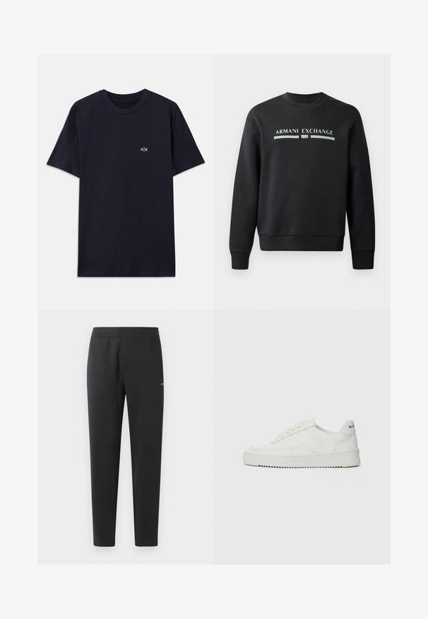 Melna sporta krekla izgatavots no mīksta auduma. Tam ir apaļš kakls un garas piedurknes. Priekšpusē ir rakstīts "ARMANI EXCHANGE" un "1991" kontrastējošās krāsās.; Kara zila kokvilnas T-kreklu ar īsām piedurknēm un apaļu kakla izgriezumu. Uz kreisās krūškurvja zonas ir mazs balts "A|X" logo.; Melni sporta bikses, kas izgatavotas no mīkstas auduma, ar elastīgu jostasvietu, taisnām kājām un nelielu logotipa detaļu sānos.; Baltas ādas sneakers ar gludu virsmu, apaļu pirkstu daļu, plakaniem šņorēm un teksturētu zoli. Satur diskrētu logotipu uz papēža.