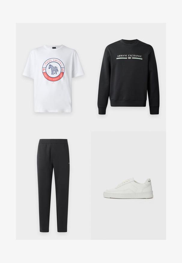 Sort sweatshirt lavet af blødt stof. Har en rund hals og lange ærmer. Forsiden viser "ARMANI EXCHANGE" og "1991" i kontrastfarver.; Hvid bomulds t-shirt med et cirkulært grafisk design. Det centrerede design indeholder teksten "Paul Smith" og en illustreret zebra indenfor cirklen.; Sorte joggebukser lavet af blødt stof, med elastisk måle, lige ben og et enkelt lille logo detaljeret på siden.; Hvide lædersneakers med en glat overflade, rund tå, flade snørebånd og en tekstureret sål. Har et diskret logo på hælen.