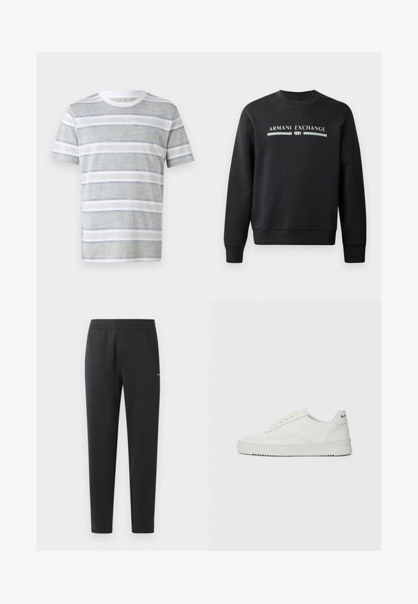 Schwarzer Sweatshirt aus weichem Stoff. Mit Rundhalsausschnitt und langen Ärmeln. Auf der Vorderseite sind "ARMANI EXCHANGE" und "1991" in kontrastierenden Farben gedruckt.; Gestreiftes kurzärmliges T-Shirt in Hellgrau und Weiß. Mit horizontalen Streifen, Rundhalsausschnitt und weicher Textur. Einfaches Design.; Schwarze Jogginghosen aus weichem Stoff, mit einem elastischen Bund, geraden Beinen und einem kleinen Logodetail an der Seite.; Weiße Ledersneaker mit glatter Oberfläche, runder Zehenpartie, flachen Schnürsenkeln und strukturiertem Sohlenprofil. Mit einem dezenten Logo an der Ferse.