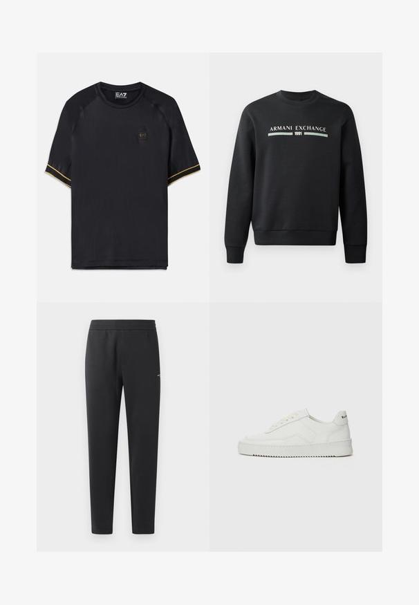 Melna sporta krekla izgatavots no mīksta auduma. Tam ir apaļš kakls un garas piedurknes. Priekšpusē ir rakstīts "ARMANI EXCHANGE" un "1991" kontrastējošās krāsās.; Melnā sporta T-kreklā ar īsām raglan piedurknēm, ar teksturētu audumu, zelta akcentu svītrām un nelielu EA7 logo priekšpusē.; Melni sporta bikses, kas izgatavotas no mīkstas auduma, ar elastīgu jostasvietu, taisnām kājām un nelielu logotipa detaļu sānos.; Baltas ādas sneakers ar gludu virsmu, apaļu pirkstu daļu, plakaniem šņorēm un teksturētu zoli. Satur diskrētu logotipu uz papēža.