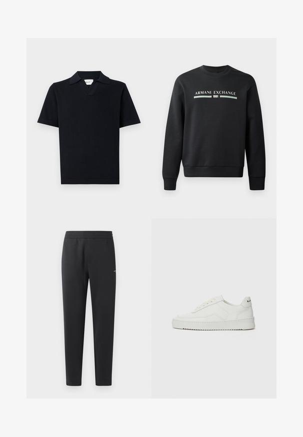 Sweatshirt preto feito de tecido suave. Possui um decote redondo e mangas longas. A parte da frente exibe "ARMANI EXCHANGE" e "1991" em cores contrastantes.; Camisa polo preta de manga curta feita de um tecido suave, com gola clássica e um discreto design de decote em V, apresentando uma bainha reta.; Calças de treino pretas feitas de tecido suave, com um cós elástico, pernas retas e um pequeno detalhe de logotipo de um lado.; Sapatilha de couro branco com acabamento suave, bico redondo, atacadores planos e uma sola texturizada. Apresenta um logotipo discreto no calcanhar.