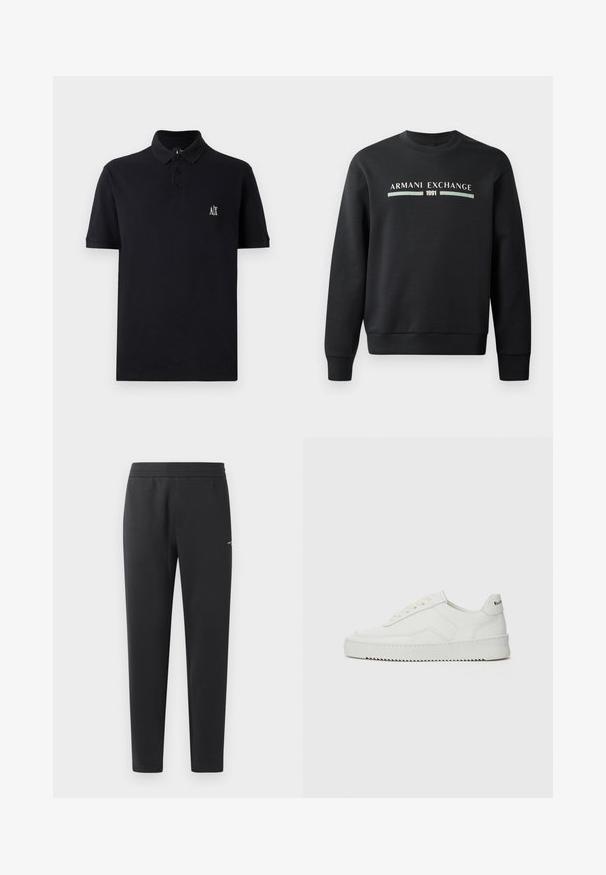 Čierna mikina vyrobená z mäkkej tkaniny. Má okrúhly výstrih a dlhé rukávy. Na prednej strane zobrazuje "ARMANI EXCHANGE" a "1991" v kontrastných farbách.; Čierna polo košeľa z bavlny, s krátkym golierom, tromi gombíkmi a malým vyšitým logom na hrudi. Jednoduchý dizajn, krátke rukávy.; Čierne joggingové nohavice z mäkkej tkaniny, s elastickým pásom, rovnými nohavicami a malým logom na boku.; Biele kožené tenisky s hladkým povrchom, okrúly špičkový dizajn, ploché šnúrky a textúrovaná podrážka. Obsahujú jemné logo na päte.