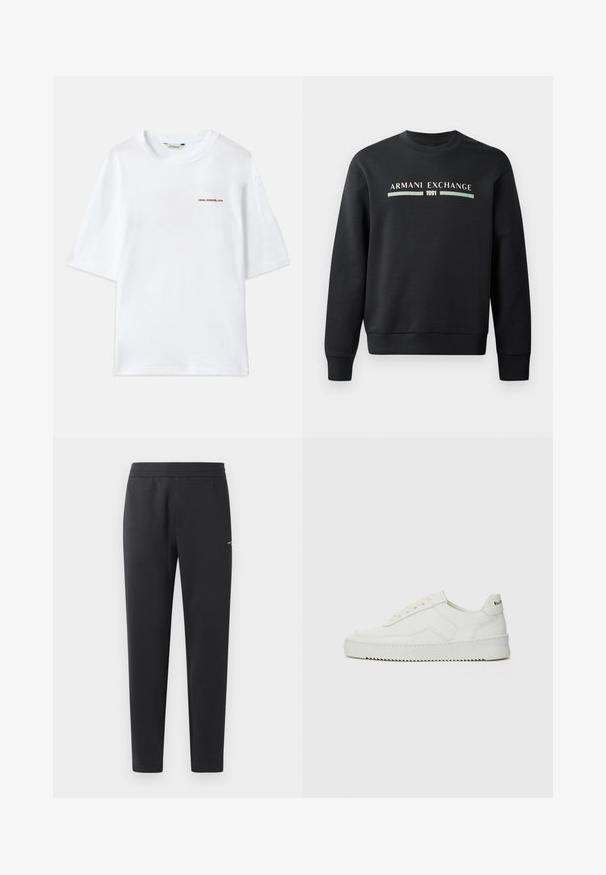 Mustakas sweatshirts, mis on valmistatud pehmest kangast. Omab ümmargust kaelust ja pikki varrukaid. Ees on kujutatud "ARMANI EXCHANGE" ja "1991" kontrastsetes värvides.; Valge puuvillane T-särk lühikeste varrukatega, ümmargune kaelus ja ees väike pruun "Holzweiler" logo. Sile tekstuur, mugav lõige.; Mustad jogger pants pehmest kangast, millel on elastne vöökoht, sirged sääred ja üks väike logodetail küljel.; Valge nahast tennis, millel on sile põhi, ümar varvas, lamedad nöörid ja tekstuuriline tall. Sisaldab diskreetset logo kontsaribal.