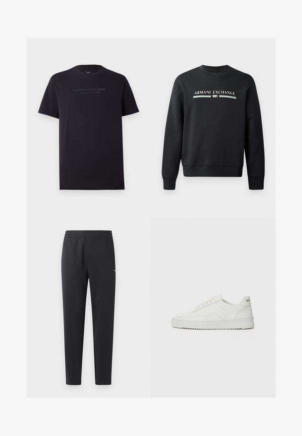 Mustakas sweatshirts, mis on valmistatud pehmest kangast. Omab ümmargust kaelust ja pikki varrukaid. Ees on kujutatud "ARMANI EXCHANGE" ja "1991" kontrastsetes värvides.; Mustmust värvi lühikeste varrukatega t-särk, ümar kaelus ja veidi vabam lõige. Esiküljel on tumehallis kirjas "ARMANI EXCHANGE MILANO / NEW YORK".; Mustad jogger pants pehmest kangast, millel on elastne vöökoht, sirged sääred ja üks väike logodetail küljel.; Valge nahast tennis, millel on sile põhi, ümar varvas, lamedad nöörid ja tekstuuriline tall. Sisaldab diskreetset logo kontsaribal.