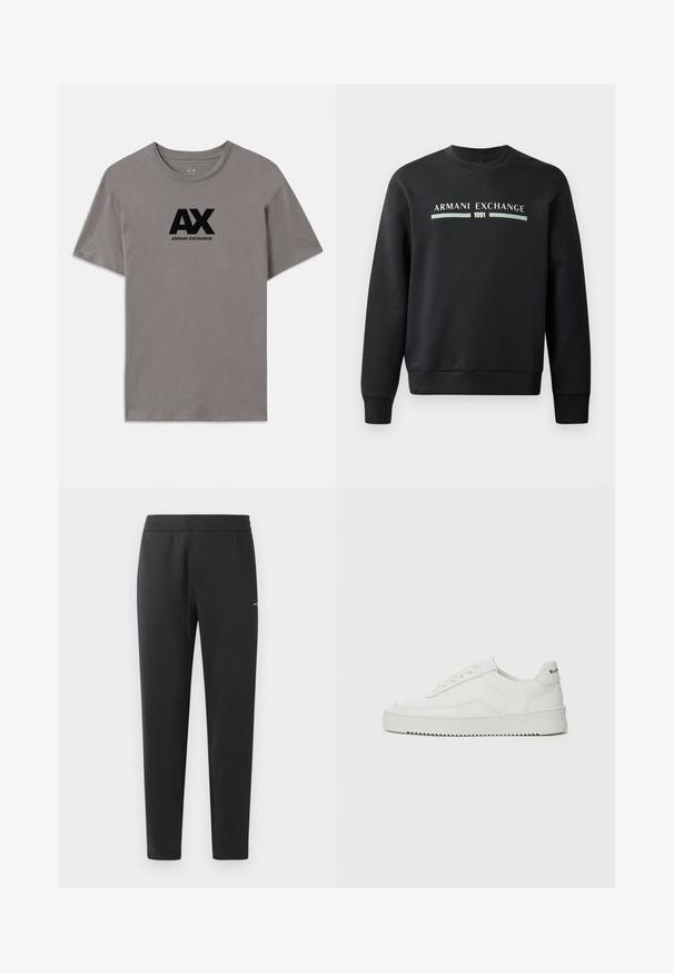 Mustakas sweatshirts, mis on valmistatud pehmest kangast. Omab ümmargust kaelust ja pikki varrukaid. Ees on kujutatud "ARMANI EXCHANGE" ja "1991" kontrastsetes värvides.; Hallhalli halli puuvillane T-särk, millel on must trükitud logo, kus on kirjas "AX" ja "ARMANI EXCHANGE". Klassikaline ümar kaelus ja lühikesed varrukad.; Mustad jogger pants pehmest kangast, millel on elastne vöökoht, sirged sääred ja üks väike logodetail küljel.; Valge nahast tennis, millel on sile põhi, ümar varvas, lamedad nöörid ja tekstuuriline tall. Sisaldab diskreetset logo kontsaribal.