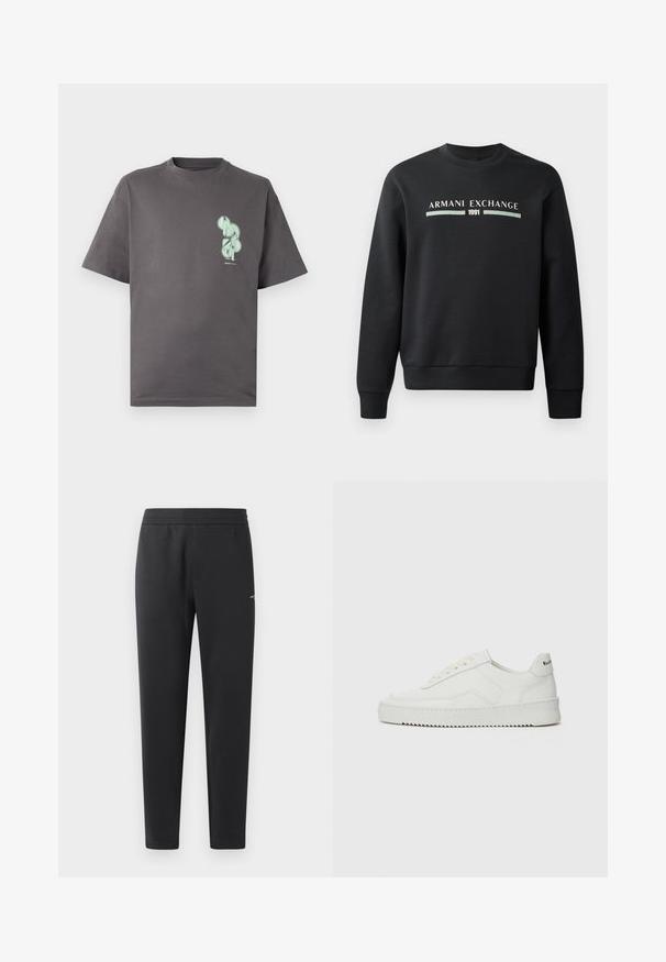 Zwarte sweatshirt gemaakt van zachte stof. Heeft een ronde hals en lange mouwen. De voorkant toont "ARMANI EXCHANGE" en "1991" in contrasterende kleuren.; Grijze katoenen T-shirt met een ronde hals, korte mouwen, met een mintgroen grafisch ontwerp op de linkerborst.; Zwarte joggingsbroek gemaakt van zachte stof, met een elastische tailleband, rechte pijpen en een klein logo detail aan de zijkant.; Witte leren sneaker met een gladde afwerking, ronde neus, platte veters en een gestructureerde zool. Kenmerkt zich door een subtiel logo op de hiel.