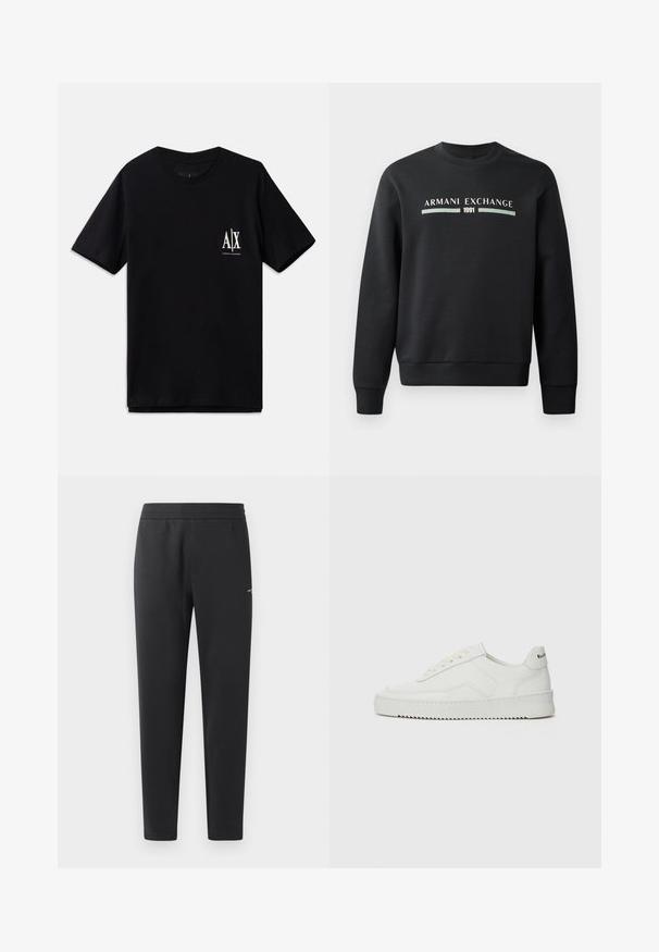 Fekete pulóver, puha anyagból készült. Kerek nyakú, hosszú ujja van. Az elülső részén "ARMANI EXCHANGE" és "1991" felirat látható eltérő színben.; Fekete, rövid ujjú póló, ami pamutból készült, bal mellen egy kis fehér logóval. Egyszerű környakú dizájn, sima textúrával.; Fekete sportnadrág puha anyagból, rugalmas derékpánttal, egyenes szárakkal és egy kis logó részlettel az oldalán.; Fehér bőr sportcipő sima felülettel, kerek orral, lapos fűzőkkel és texturált talppal. Finom logó található a sarokon.