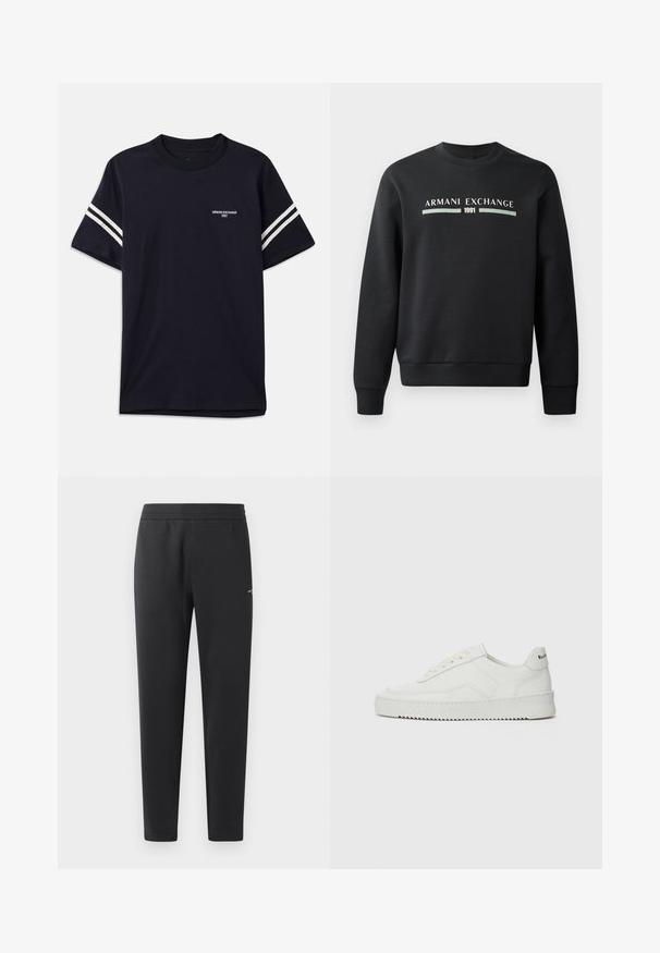 Juodas džemperis, pagamintas iš minkštos medžiagos. Papuoštas apvaliu kaklu ir ilgomis rankovėmis. Priekyje išspausdinta "ARMANI EXCHANGE" ir "1991" kontrastingomis spalvomis.; Tamsiai mėlynas medvilninis marškinėlis su apvalia iškirpte, trumpomis rankovėmis ir baltais dryžiais ant pečių, o krūtinėje užrašytas logotipas.; Juodos sportinės kelnės, pagamintos iš minkštos medžiagos, su elastinga juosmeniu, tiesiomis kojomis ir nedideliu logotipo akcentu šone.; Balti odiniai sportiniai bateliai su lygia apdaila, apvaliu pirštu, plokščiais raišteliais ir tekstūruotu padu. Pasižymi subtiliu logotipu ant kulno.