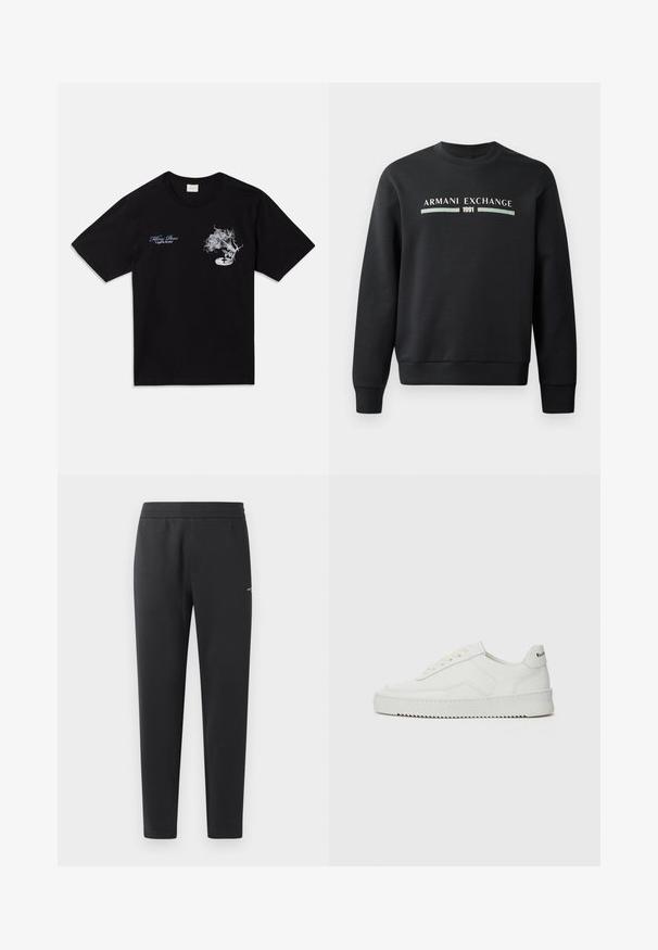 Sweat-shirt noir en tissu doux. Possède un col rond et des manches longues. L'avant affiche "ARMANI EXCHANGE" et "1991" dans des couleurs contrastantes.; T-shirt en coton noir à manches courtes. Présente un graphisme blanc d'une fleur et d'une platine, ainsi que du texte bleu "Killing Bees" et "United By Rhythm."; Pantalons de jogging noirs en tissu doux, dotés d'une taille élastique, de jambes droites et d'un petit logo sur le côté.; Baskets en cuir blanc avec une finition lisse, bout arrondi, lacets plats et semelle texturée. Présente un logo discret sur le talon.