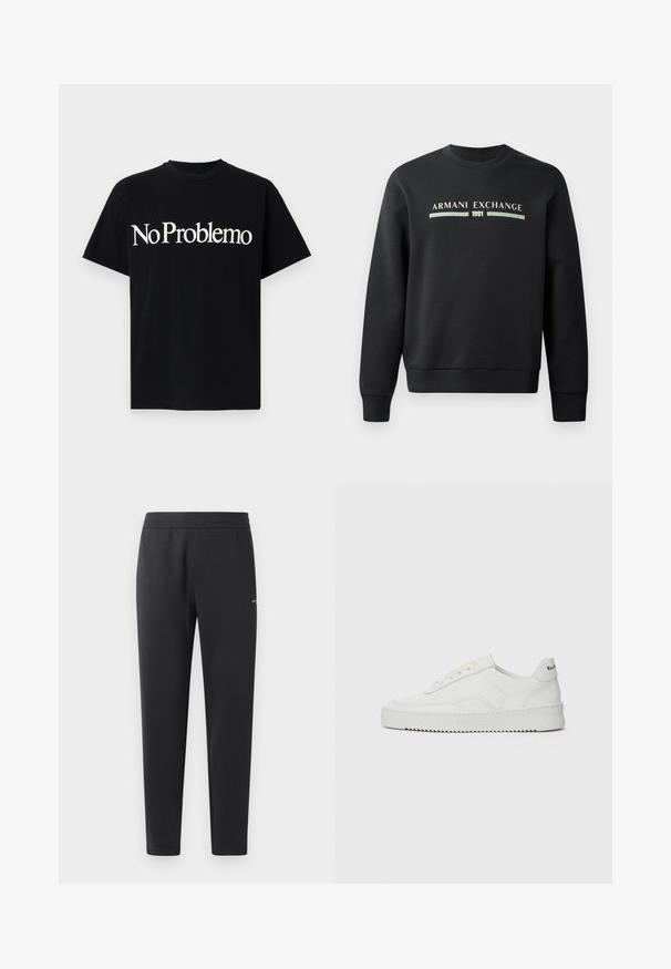 Črna trenirka iz mehkega materiala. Ima okroglo izrezano vratno odprtino in dolge rokave. Na sprednji strani je prikazano "ARMANI EXCHANGE" in "1991" v kontrastnih barvah.; Črna bombažna majica s kratkimi rokavi in okroglim izrezom. Spredaj je napis "No Problemo" v veliki beli pisavi.; Črne trenirka hlače iz mehkega blaga, z elastičnim pasom, ravnimi nogami in z enim majhnim logotipom na strani.; Bela usnjena športna obutev z gladko površino, okroglo prst, ravne vezalke in teksturiran podplat. Ima diskretno logo na peti.