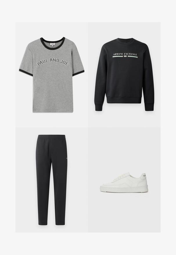 Schwarzer Sweatshirt aus weichem Stoff. Mit Rundhalsausschnitt und langen Ärmeln. Auf der Vorderseite sind "ARMANI EXCHANGE" und "1991" in kontrastierenden Farben gedruckt.; Graues Baumwoll-T-Shirt mit schwarzem geripptem Kragen und Ärmeln, auf der Vorderseite mit dem Text "PAUL AND JOE" in weißer, geschwungener Schrift.; Schwarze Jogginghosen aus weichem Stoff, mit einem elastischen Bund, geraden Beinen und einem kleinen Logodetail an der Seite.; Weiße Ledersneaker mit glatter Oberfläche, runder Zehenpartie, flachen Schnürsenkeln und strukturiertem Sohlenprofil. Mit einem dezenten Logo an der Ferse.