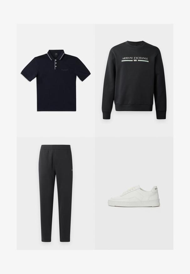 Svart sweatshirt tillverkad av mjukt tyg. Har rundad halsringning och långa ärmar. Framtill står det "ARMANI EXCHANGE" och "1991" i kontrasterande färger.; Marinblå polo skjorta i bomull, med en kontrasterande vit krage, treknappsstängning och broderad logotyp på bröstet.; Svarta joggingbyxor i mjukt tyg, med elastisk midja, raka ben och en liten logotypdetalj på sidan.; Vita lädersneakers med en jämn yta, rund tå, platta snörningar och en strukturerad sula. Har en diskret logotyp på hälen.