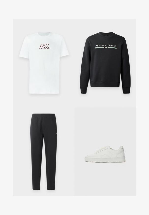 Mustakas sweatshirts, mis on valmistatud pehmest kangast. Omab ümmargust kaelust ja pikki varrukaid. Ees on kujutatud "ARMANI EXCHANGE" ja "1991" kontrastsetes värvides.; Valge lühikeste varrukatega T-särk ümarate kaelustega, millel on rinnal erksa punase ja musta värviga "AX" logo, mis on paigutatud keskelt lihtsa tausta peale.; Mustad jogger pants pehmest kangast, millel on elastne vöökoht, sirged sääred ja üks väike logodetail küljel.; Valge nahast tennis, millel on sile põhi, ümar varvas, lamedad nöörid ja tekstuuriline tall. Sisaldab diskreetset logo kontsaribal.