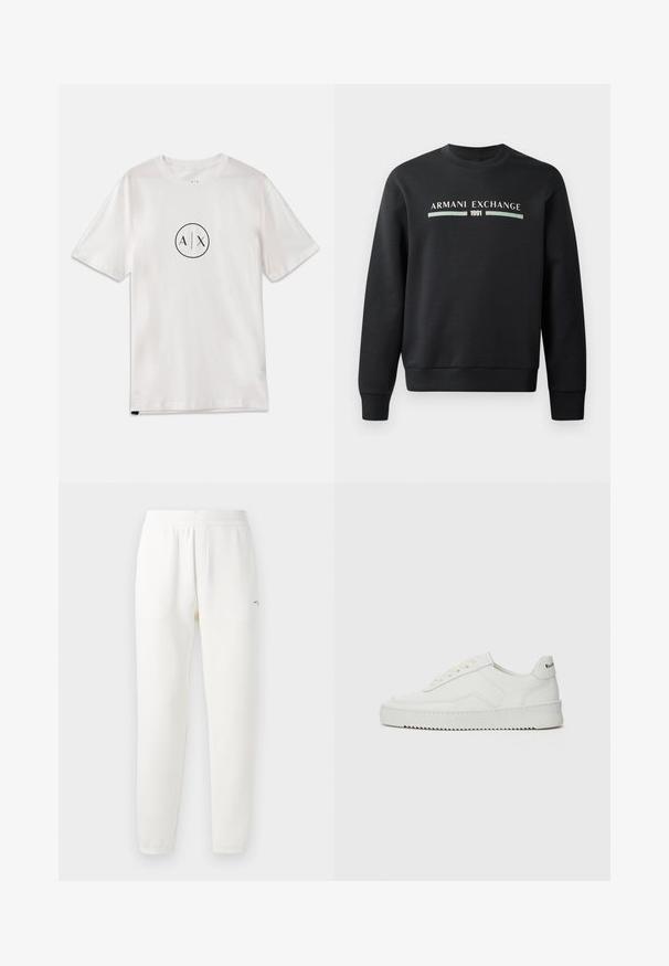 Mustakas sweatshirts, mis on valmistatud pehmest kangast. Omab ümmargust kaelust ja pikki varrukaid. Ees on kujutatud "ARMANI EXCHANGE" ja "1991" kontrastsetes värvides.; Valge puuvillane T-särk lühikeste varrukatega, mille esiküljel on ümmargune must logo, mille keskel on "A/X", klassikaline ümar kaelus.; Valged dressipüksid, mis on valmistatud pehmest kangast, elastse vöökohtaga, kitsenevate jalgadega ja väikese logoga vasakul poolel.; Valge nahast tennis, millel on sile põhi, ümar varvas, lamedad nöörid ja tekstuuriline tall. Sisaldab diskreetset logo kontsaribal.