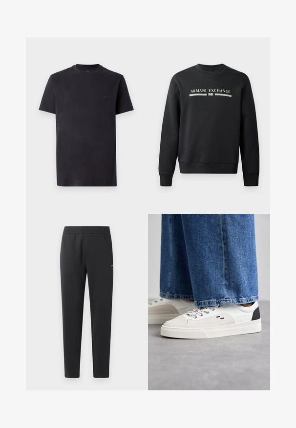 Hanorac negru dintr-un material moale. Prezintă un guler rotund și mâneci lungi. Partea din față afișează "ARMANI EXCHANGE" și "1991" în culori contrastante.; Tricou negru din bumbac cu guler rotund, mâneci scurte și detalii cu logo embosat pe piept. Textură netedă, croială lejeră.; Pantaloni de jogger negri, confecționați dintr-un material moale, cu un brâu elastic, picioare drepte și un detaliu mic cu logo pe lateral.; Adidași albi și negri, cu un superior din piele netedă, accente texturate și o talpă albă groasă. Prezintă un design clasic cu șireturi.