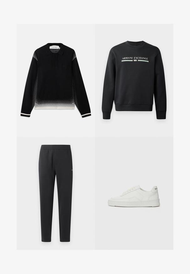 Black sweatshirt made from soft fabric. Features a crew neckline and long sleeves. The front displays "ARMANI EXCHANGE" and "1991" in contrasting colors.; Black long-sleeve polo sweater with white dotted gradient on sides, lower hem, and sleeve cuffs, featuring a small chest logo.; Black jogger pants made of soft fabric, featuring an elastic waistband, straight legs, and a single small logo detail on the side.; White leather sneaker with a smooth finish, round toe, flat laces, and a textured sole. Features a subtle logo on the heel.