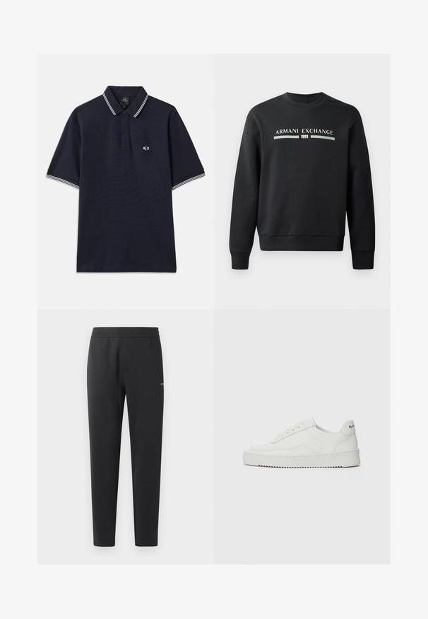 Černá mikina vyrobená z měkké látky. Má klasický kulatý výstřih a dlouhé rukávy. Na přední straně je nápis "ARMANI EXCHANGE" a "1991" v kontrastních barvách.; Námořnické polo tričko ze 100% bavlny s klasickým límečkem, zapínáním na dva knoflíky a bílými pruhy na rukávech. Malé logo na hrudi.; Černé joggingové kalhoty vyrobené z měkké tkaniny, s elastickým pasem, rovnými nohavicemi a malým logem na boku.; Bílé kožené tenisky s hladkým povrchem, kulatou špičkou, plochými tkaničkami a texturovanou podrážkou. Na patě se nachází nenápadné logo.