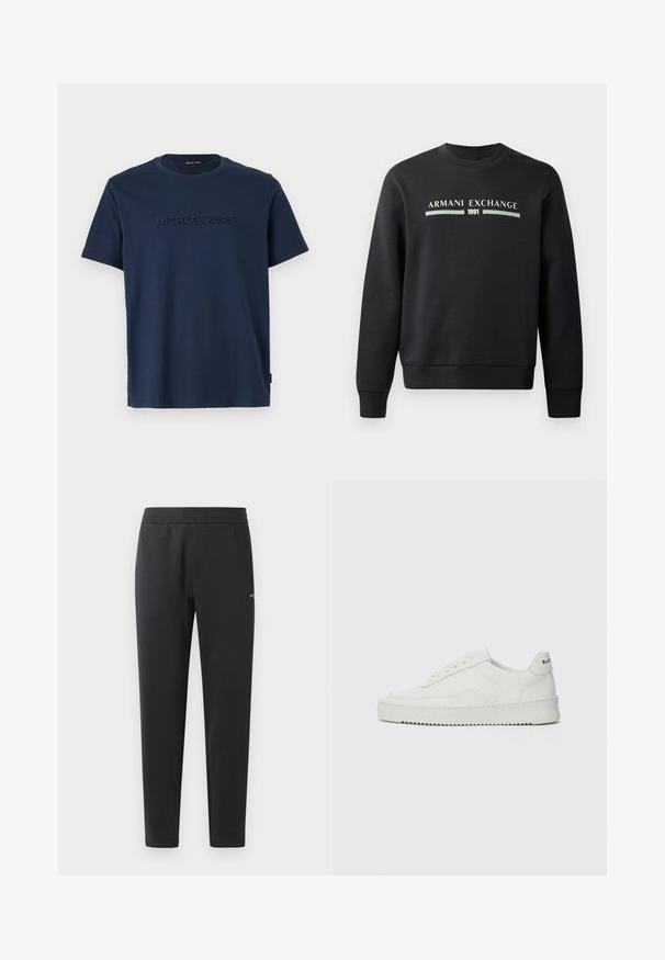 Črna trenirka iz mehkega materiala. Ima okroglo izrezano vratno odprtino in dolge rokave. Na sprednji strani je prikazano "ARMANI EXCHANGE" in "1991" v kontrastnih barvah.; Mornarsko modra bombažna majica s kratkimi rokavi in okroglo ovratnikom; na sprednji strani ima dvignjen logotip "MICHAEL KORS".; Črne trenirka hlače iz mehkega blaga, z elastičnim pasom, ravnimi nogami in z enim majhnim logotipom na strani.; Bela usnjena športna obutev z gladko površino, okroglo prst, ravne vezalke in teksturiran podplat. Ima diskretno logo na peti.