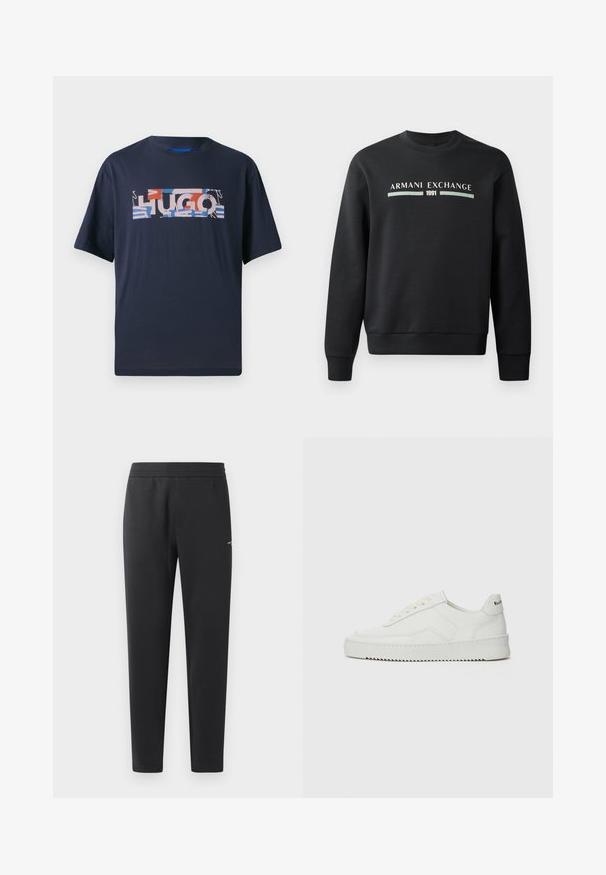 Crna dukserica napravljena od mekog materijala. Ima okrugli izrez i duge rukave. Na prednjoj strani se nalaze natpisi "ARMANI EXCHANGE" i "1991" u kontrastnim bojama.; Tamno plavi pamučni majica s kratkim rukavima koja na prednjoj strani sadrži višebojni grafički dizajn "HUGO" u različitim oblicima i uzorcima.; Crne trenirke izrađene od mekanog materijala, sa elastičnom trakastom, ravnim nogavicama i jednim malim logom sa strane.; Bijele kožne tenisice s glatkom površinom, okruglim vrhom, ravnim vezicama i teksturiranom potplatom. Imaju suptilan logo na peti.