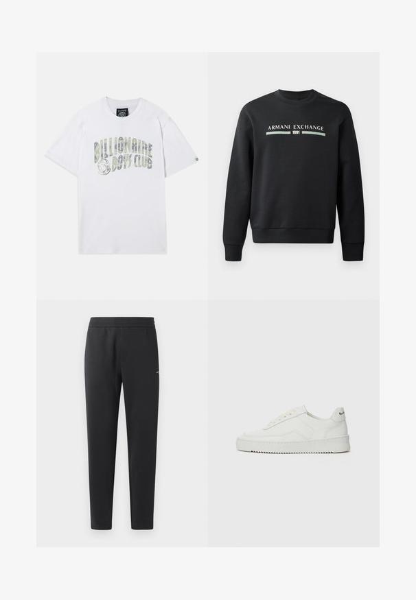 Sweatshirt preto feito de tecido suave. Possui um decote redondo e mangas longas. A parte da frente exibe "ARMANI EXCHANGE" e "1991" em cores contrastantes.; T-shirt de algodão branco com o texto "Billionaire Boys Club" em um design em gradiente. Mangas curtas e decote redondo.; Calças de treino pretas feitas de tecido suave, com um cós elástico, pernas retas e um pequeno detalhe de logotipo de um lado.; Sapatilha de couro branco com acabamento suave, bico redondo, atacadores planos e uma sola texturizada. Apresenta um logotipo discreto no calcanhar.