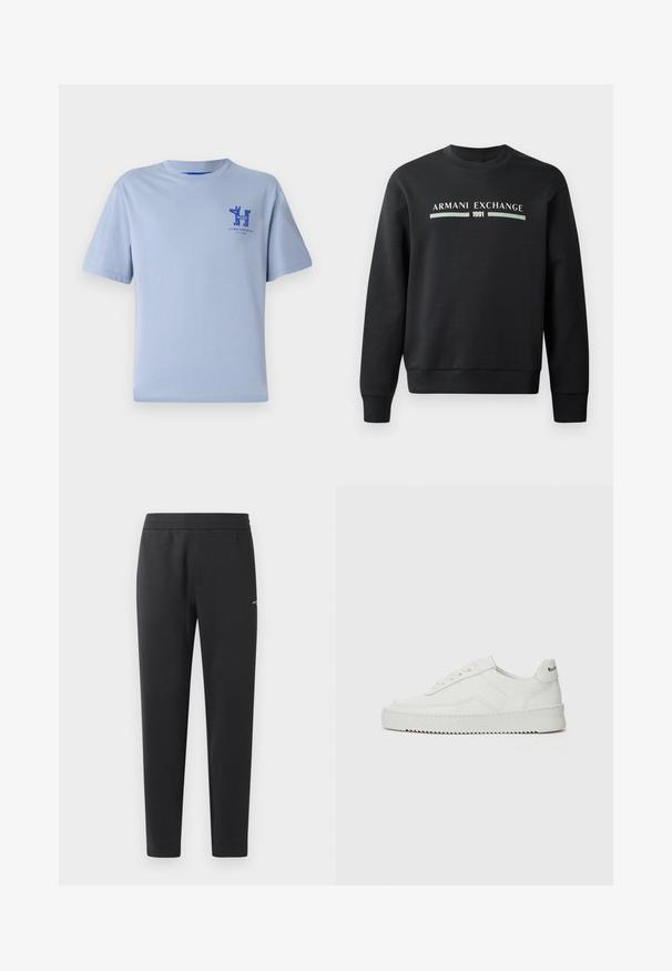 Svart hettegenser laget av mykt stoff. Har rund hals og lange ermer. Framsiden viser "ARMANI EXCHANGE" og "1991" i kontrastfarger.; Lys blå bomull t-skjorte med korte ermer, rund hals og blåtrykt grafikk på brystet som viser tekst og designelementer.; Sorte joggebukser laget av myk stoff, med elastisk midjebånd, rette ben og en liten logo detalj på siden.; Hvite lærersneakers med en jevn overflate, rund tå, flate lisser og en teksturert såle. Har en subtil logo på hælen.