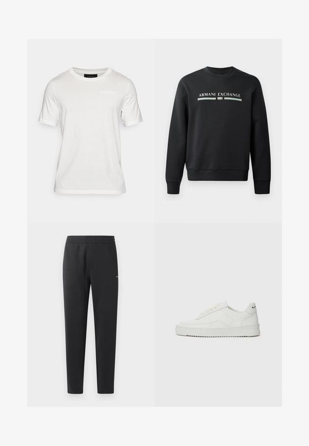 Crna dukserica napravljena od mekog materijala. Ima okrugli izrez i duge rukave. Na prednjoj strani se nalaze natpisi "ARMANI EXCHANGE" i "1991" u kontrastnim bojama.; Bijela majica kratkih rukava od mekog materijala. Ima okrugli izrez i suptilan detalj s brandom na prednjoj sredini.; Crne trenirke izrađene od mekanog materijala, sa elastičnom trakastom, ravnim nogavicama i jednim malim logom sa strane.; Bijele kožne tenisice s glatkom površinom, okruglim vrhom, ravnim vezicama i teksturiranom potplatom. Imaju suptilan logo na peti.