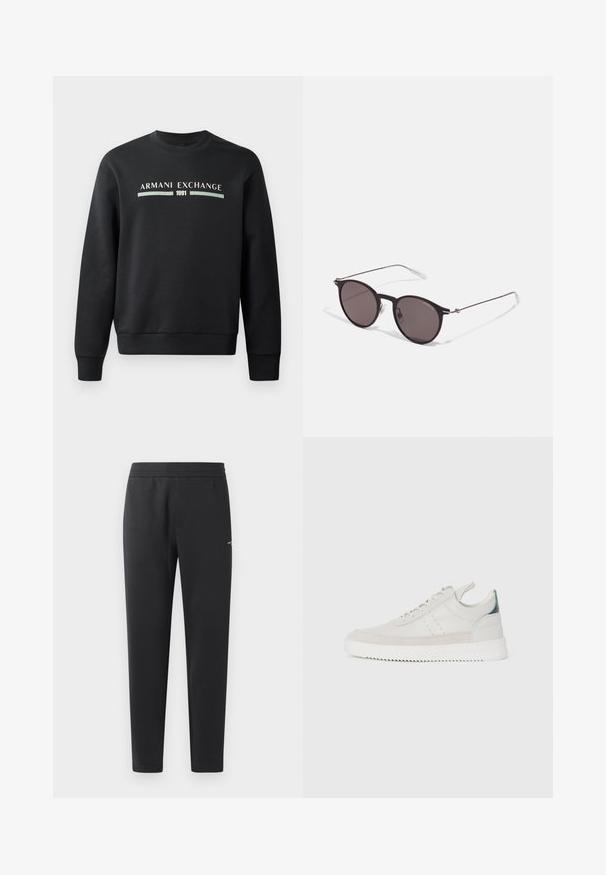 Czarna bluza wykonana z miękkiego materiału. Ma okrągły dekolt i długie rękawy. Z przodu widnieje napis "ARMANI EXCHANGE" oraz "1991" w kontrastowych kolorach.; Czarne spodnie dresowe z miękkiego materiału, z elastycznym paskiem, prostymi nogawkami oraz małym logo z boku.; Białe skórzane trampki z szarymi zamszowymi akcentami, sznurowany design, uchwyt oraz teksturowana gumowa podeszwa z wzorem w zygzak.; Czarne okrągłe okulary przeciwsłoneczne z ciemnymi soczewkami i smukłymi metalowymi ramkami. Zawierają przezroczyste końcówki zauszników oraz srebrne akcenty przy zawiasie. Minimalistyczny design.