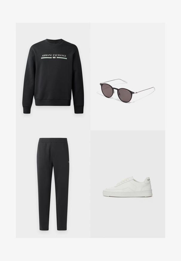 Zwarte sweatshirt gemaakt van zachte stof. Heeft een ronde hals en lange mouwen. De voorkant toont "ARMANI EXCHANGE" en "1991" in contrasterende kleuren.; Zwarte joggingsbroek gemaakt van zachte stof, met een elastische tailleband, rechte pijpen en een klein logo detail aan de zijkant.; Witte leren sneaker met een gladde afwerking, ronde neus, platte veters en een gestructureerde zool. Kenmerkt zich door een subtiel logo op de hiel.; Zwarte ronde zonnebril met donkere lenzen en slanke metalen armen. Inclusief heldere tempelpunten en zilveren accenten bij de scharnier. Minimalistisch ontwerp.