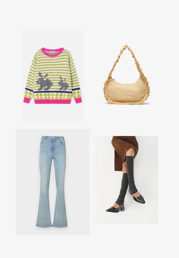 Stripet strikkegenser med rosa krage og mansjetter, med to grå kaninsilhuetter og grønne trekantmønstre på hvit bakgrunn.; Lyseblå utvidede jeans laget av denim, med høy midje, standard fem-lommers design og rene kanter. Glatt tekstur, minimal detaljer.; Sorte lakkpumps med spiss tå, blokkhel, og ankelstropp, kombinert med grå ribbestrikkede beinvarmere og et brunt semsket skinn skjørt.; Teksturet beige veske med avrundet form, frynsete kant langs kantene, og en kort stropp for bæring. Glidelåsåpning på toppen.