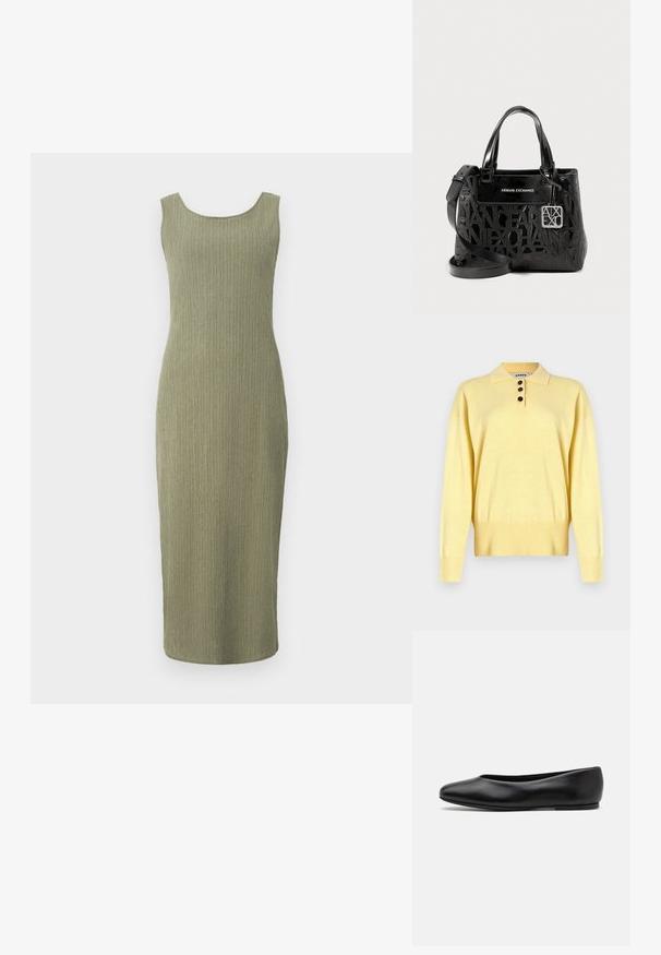 Gelbes, gestricktes Polo Sweatshirt mit Kragen, ausgestattet mit drei dunklen Knöpfen, geripptem Saum und langen Ärmeln, aus weichem Material gefertigt.; Strickkleid in olivgrün mit taillierter Silhouette, Rundhalsausschnitt und gerippter Textur. Knielang und ärmellos.; Paul Smith TOPANGA - Klassischer Ballerina - black; Schwarze Handtasche aus glänzendem Material mit einem geprägten Logo-Design, doppelten Griffen, einem abnehmbaren Schultergurt und silberner Hardware.