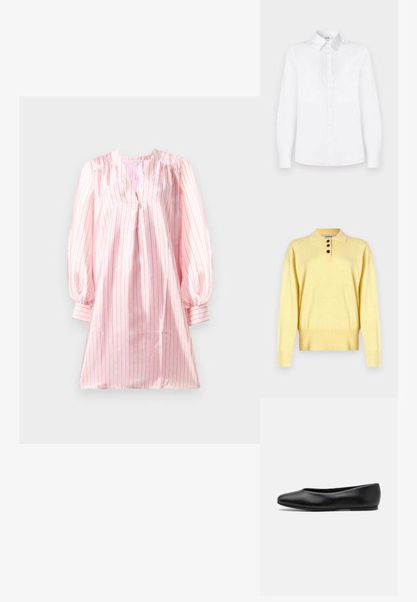 Žlutý pletený polo svetr s límečkem, má tři tmavé knoflíky, žebrovaný lem a dlouhé rukávy, vyrobený z měkké látky.; Světle růžové šaty s vertikálními bílými a korálovými pruhy, s výstřihem do V a nafouknutými dlouhými rukávy. Hladká, saténová textura.; Bílá košile s dlouhým rukávem vyrobená z hladké tkaniny, s klopovým límečkem a předním zapínáním na knoflíky v světle růžové barvě.; Paul Smith TOPANGA - Klasické baleríny - black