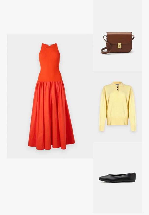 Gul strikket polo sweater med krave, der har tre mørke knapper, ribbet bund og lange ærmer, lavet af blødt stof.; Lang orange kjole med en ribbet, ærmeløs top og en samlet, flydende nederdel lavet af letvægtsstof. Rent design uden yderligere udsmykninger.; Paul Smith TOPANGA - Ballerinasko - black; Brun læder håndtaske med flaplukning, hardware i gyldent tone, en skulderrem og en glat overflade. Kompakt rektangulær form.