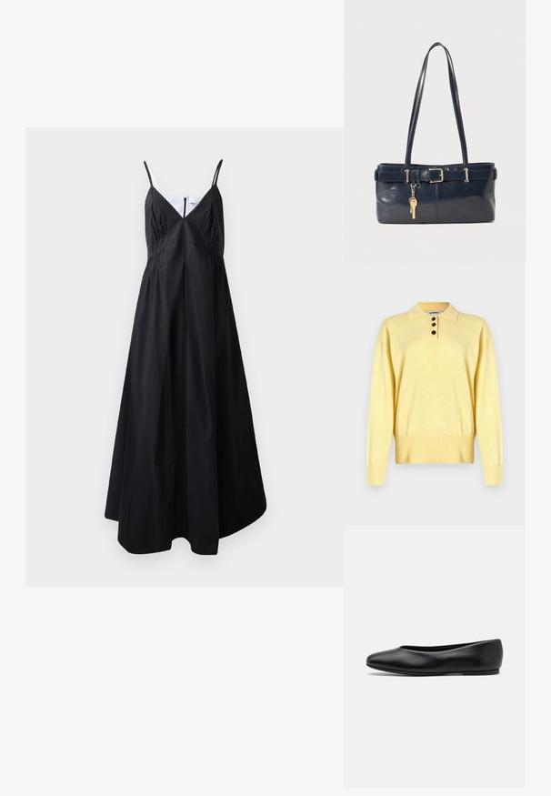 Dzeltena adīta polo džemperis ar apkakli, ar trim tumšām pogām, ribota apakšmalu un garām piedurknēm, izgatavots no mīksta materia.; Melnā maksi kleita, kas izgatavota no viegla auduma. Tam ir plānas siksnas, V veida kakla izgriezums, savākts augšdaļa un plūstoša silueta. Tīrs dizains, bez rakstiem.; Paul Smith TOPANGA - Balerīnas laiviņas - black; Jūras spēku stila ādas rokassoma ar divām garām rokturiem, ar sprādzi un pievienotu atslēgu piekariņu. Iezīmējas ar gludu tekstūru un taisnstūra formas.